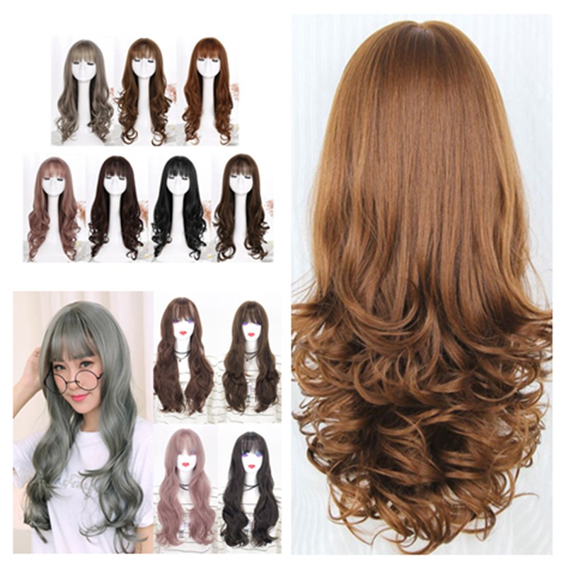 Girls Elegant Wig With Bangs Long Wavy Curly Hair Cosplay Party