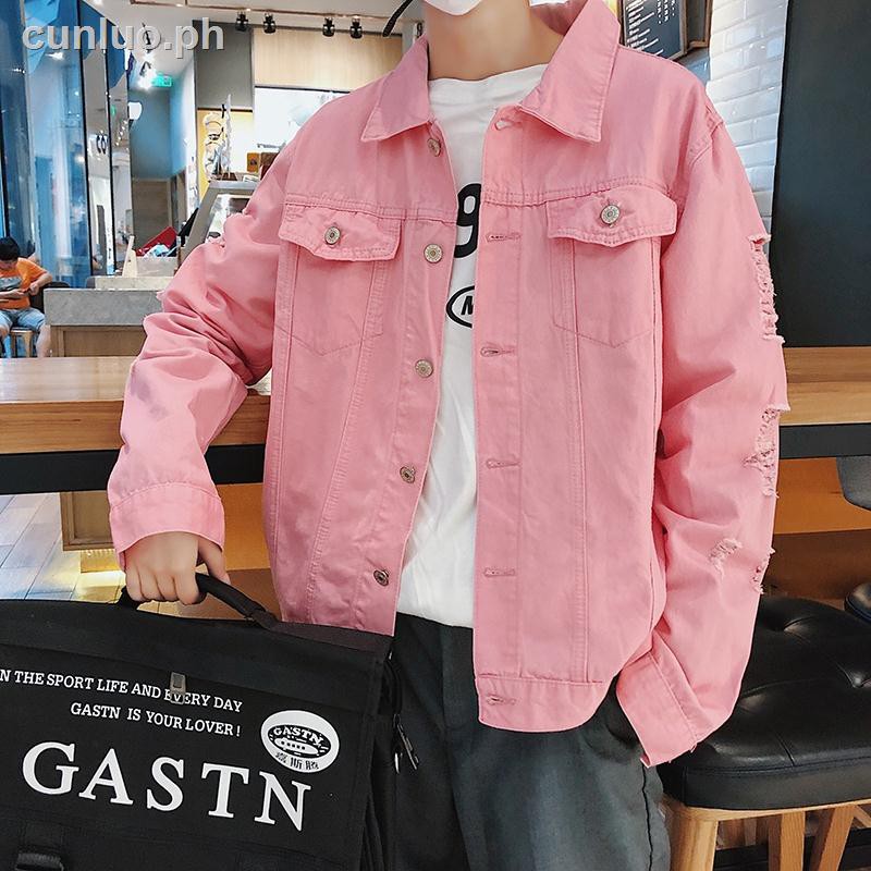 ◑❀Fashion Loose Korean Style Handsome Pink Ripped Denim Jacket For Men（S-3Xl）1  | Shopee Philippines