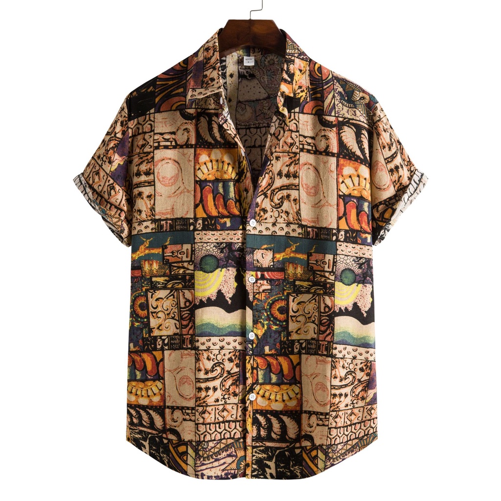 Men's Loose Casual Vintage Ethnic Printed Short Sleeve Shirt Boho ...