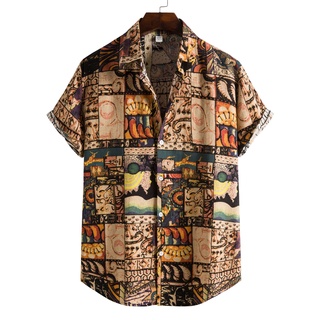 Men's Loose Casual Vintage Ethnic Printed Short Sleeve Shirt Boho Button Up Lapel Floral Polo Shirt for Men Plus Size