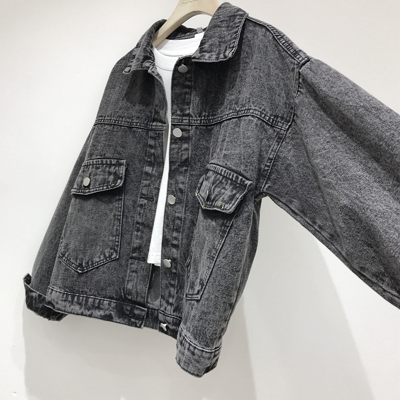 denim jacket with gray sleeves