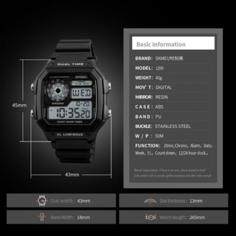 SKMEI 1299 Sports Men Waterproof Countdown Alarm Male Digital Wrist Watch
