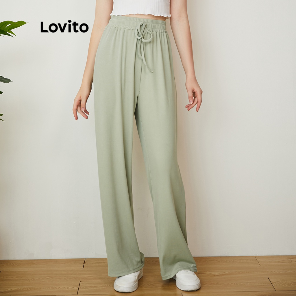 Lovito Casual Plain Elastic Waist Straight Leg Long Pants L24AD006 ...