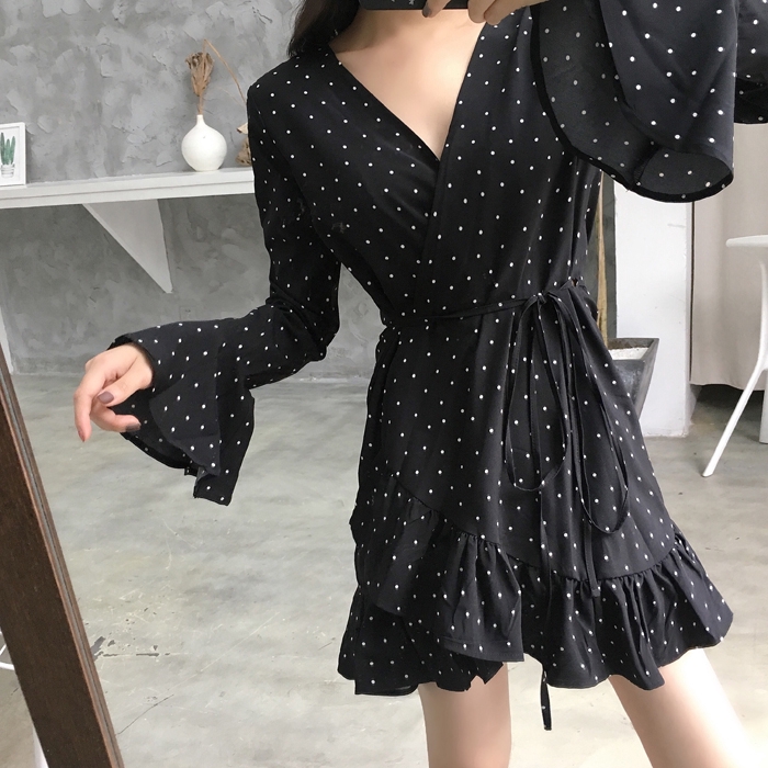 long sleeve black and white polka dot dress