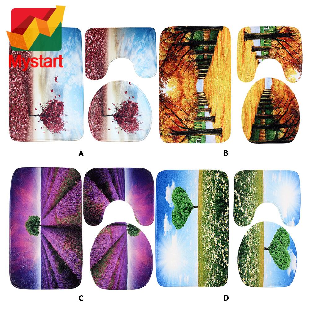 3pcs Nature View Bathroom Mat Set Anti Slip Washable Toilet Cover Floor Bath Mats Bathroom Rugs