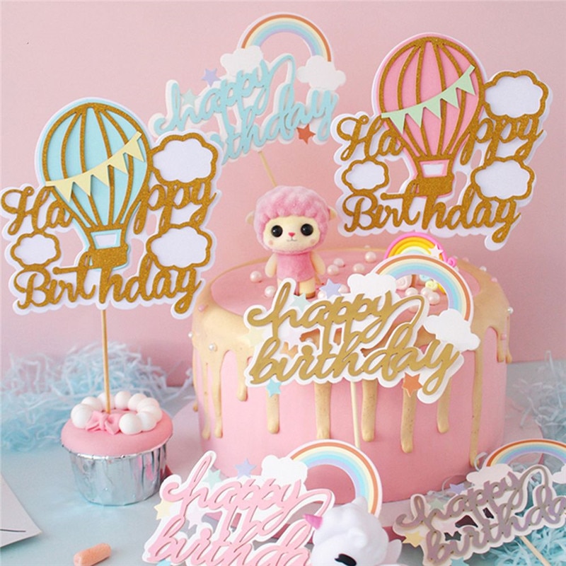 Cake Toppers Hot Air Balloon Rainbow Cloud Cupcake Decorations Top ...