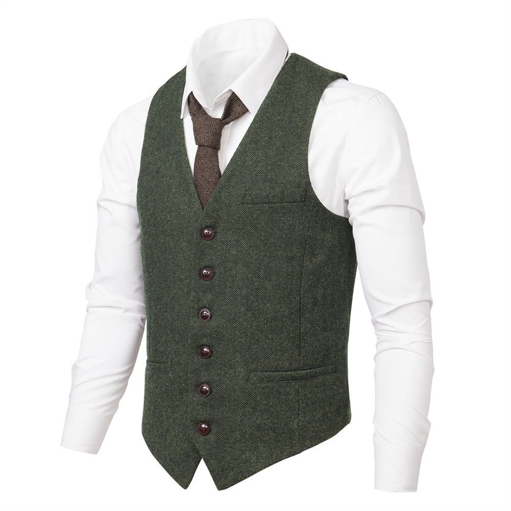 VOBOOM Men Waistcoat Suit Vest Male Herringbone Wool Blend Tweed Single ...