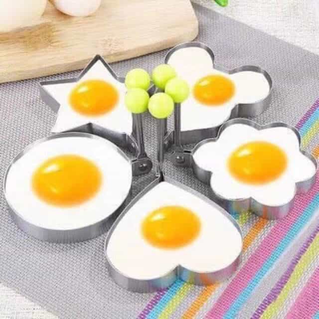 6 Pack SYLC 4 different shape stainless steel omelet molds with 1 silicone pastry brush and 1 egg yolk separator 