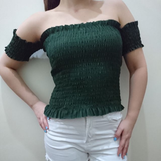 Dark green smocked off shoulder top | Shopee Philippines