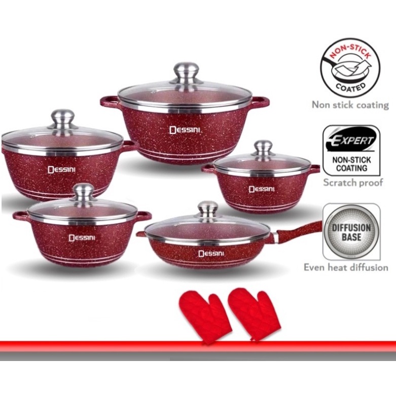 DESSINI ITALY 12Pcs Granite Aluminium Non Stick Casserole Pot Bowl Deep