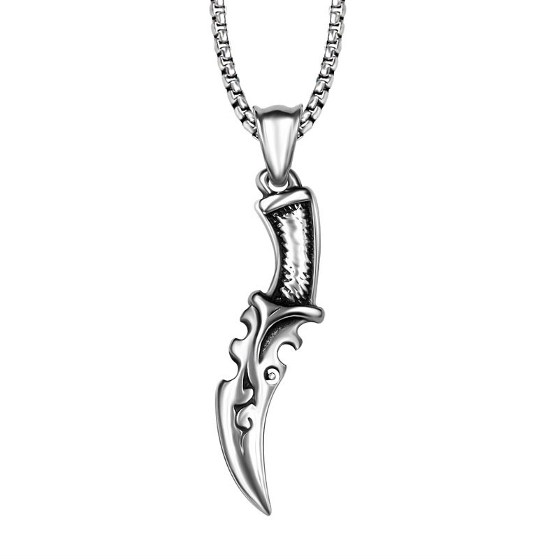 Black Enamel Silver Tone Stainless Steel Dagger Knife Pendant Necklace