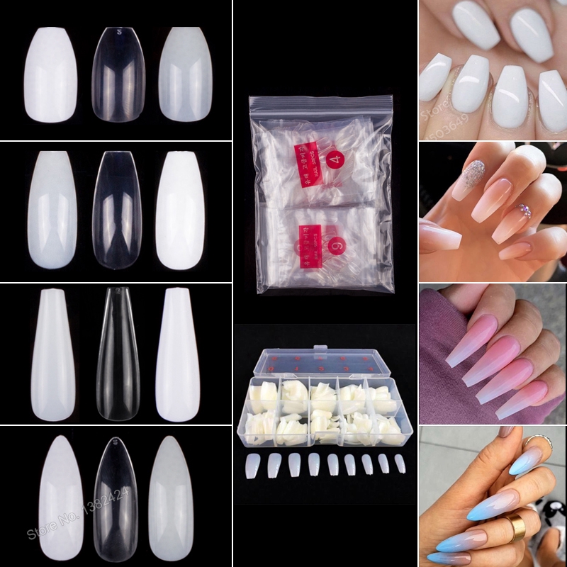 100pcs 600pcs Coffin 100pcs 600pcs Coffin Fake Nails Tips / Flat Shape Long  Full Cover 10 Sizes Acrylic False Nails / Clear,Natural,White Colors  Artificial Nails / For UV Gel Manicure Nail Salons