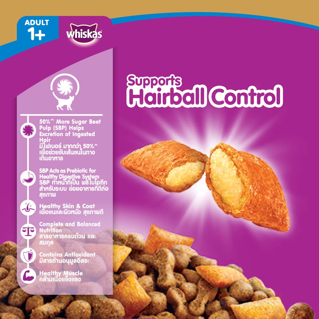 WHISKAS Cat Food Dry Hairball Control Chicken & Tuna 1.1Kg+TEMPTATIONS Cat treats Savory Salmon 75g #7