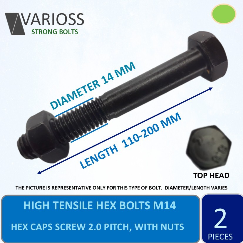 HT Hex Bolts M14 High Tensile with nuts, 14 mm diameter x ( 110 to 200