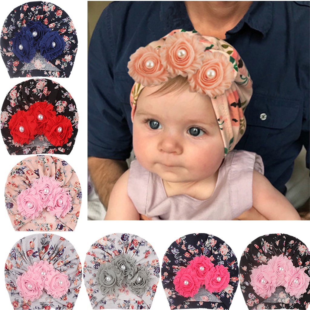 Baby Girl Turban Baby Headband Hat Soft Printing Sticky Beads Hat Baby