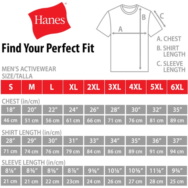 hanes t shirt dimensions