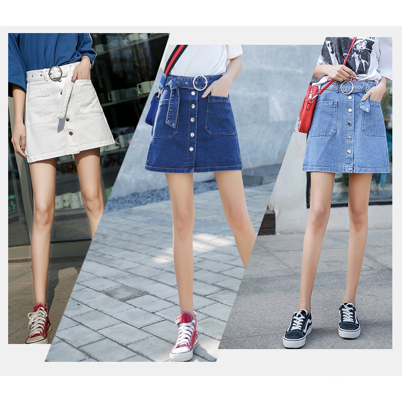 white button up denim skirt