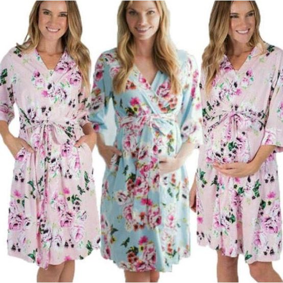 S XL Maternity Robe Floral Cotton Pregnancy Kimono Style