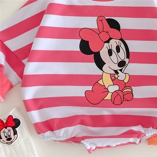 [Onhand] Autumn Summer Style Korean Version Trendy 0-2 Years Old Male Female Baby Long-Sleeved Trousers Jumpsuit Suit Striped Cartoon Minnie Mickey Print Triangle Romper #6