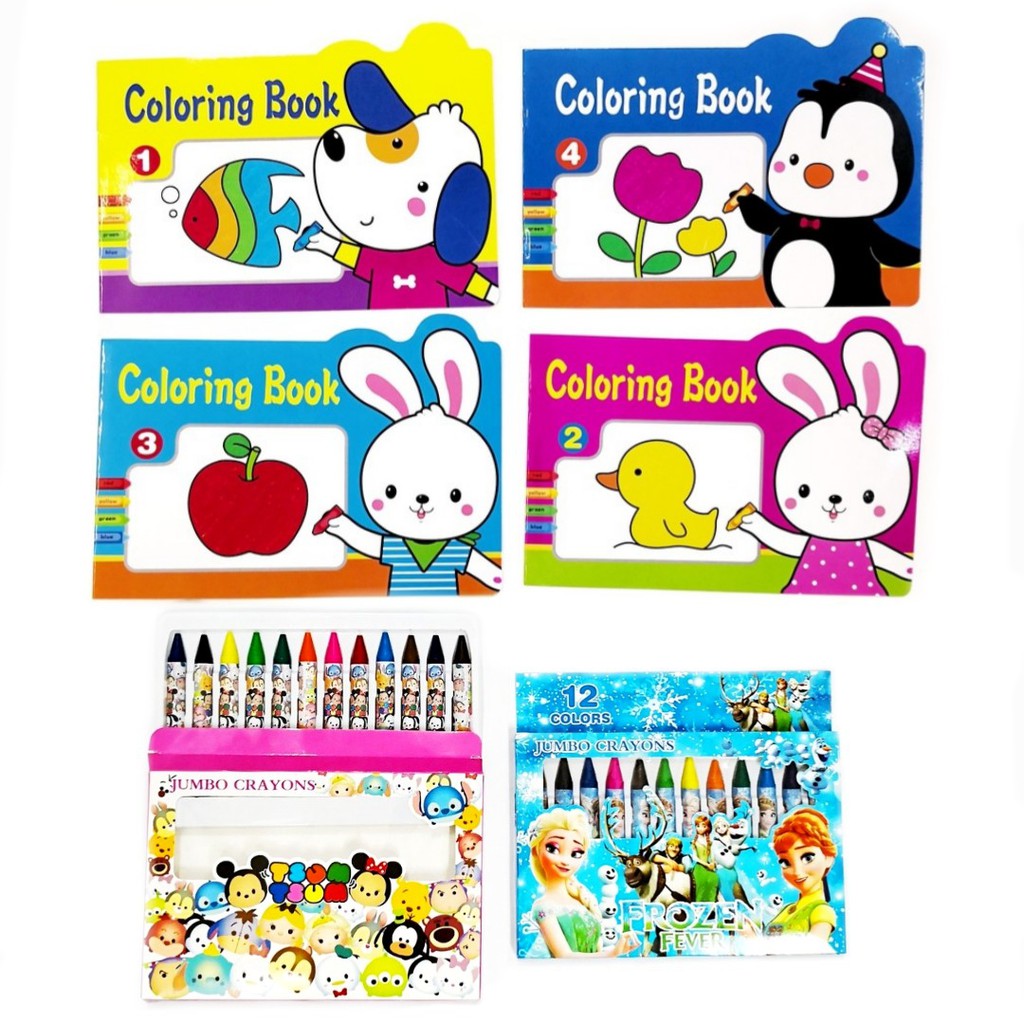 Download 4 Coloring Books With 12 Colors Jumbo Crayons Shopee Philippines