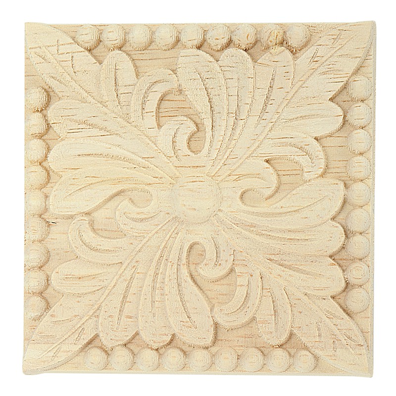 Natural Wood Appliques Square Flower Carving Decals Decorative