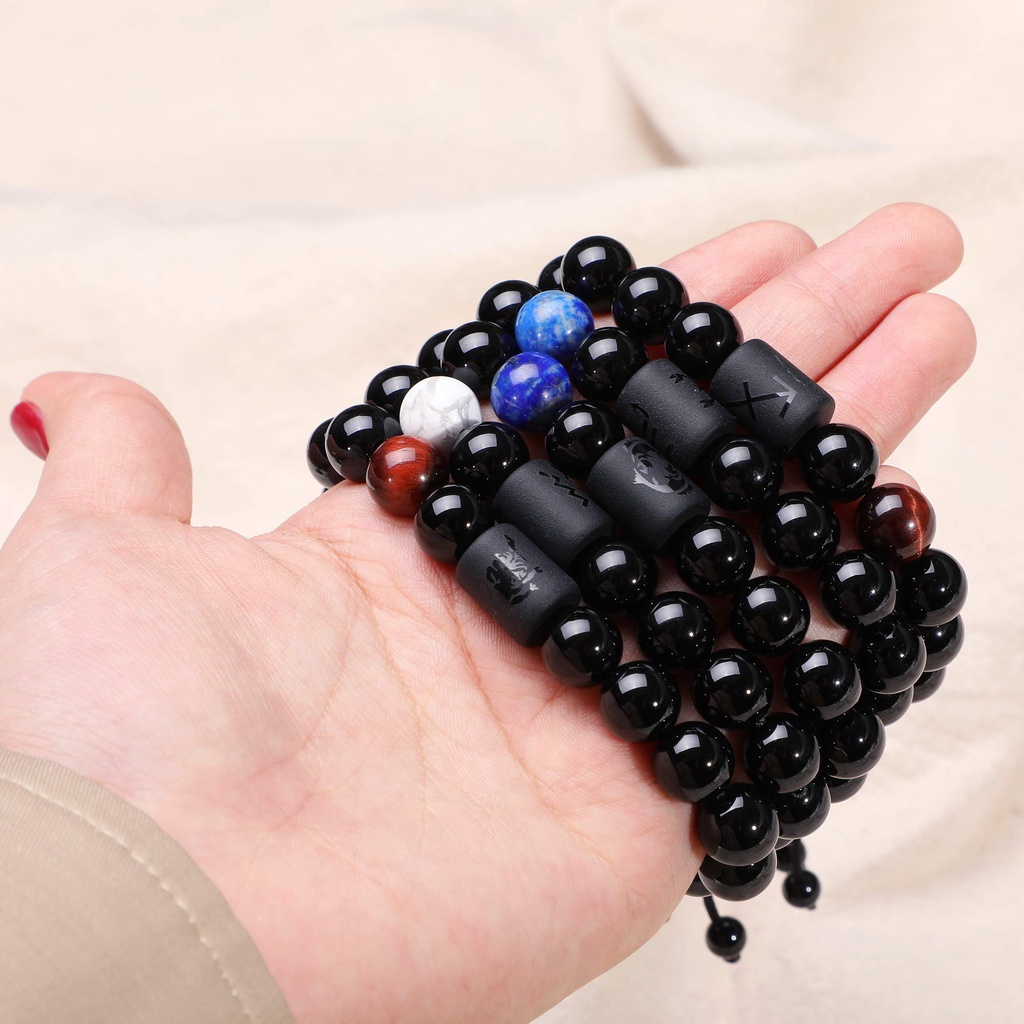 Zodiac Bracelet for Couple 8mm Natural Black Onyx Stone  Star Sign Constellation Distance Friendship Prayer Blessing Bracelet Gifts Men Women Size adjustable