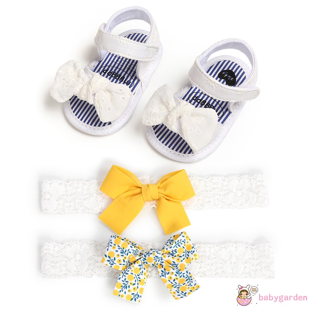 (Babygarden)-Baby Girl’s Cotton Shoes and 2Pcs Headband Floral Stripe Soft Sole Sandals
