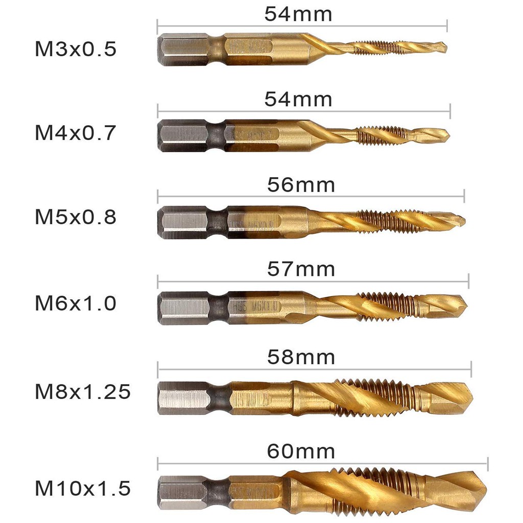 6Pcs Tap Drill Bit Set, M3-M10 HSS Titanium Combination 1/4” Hex Shank Screw Thread Metric Tap Drill