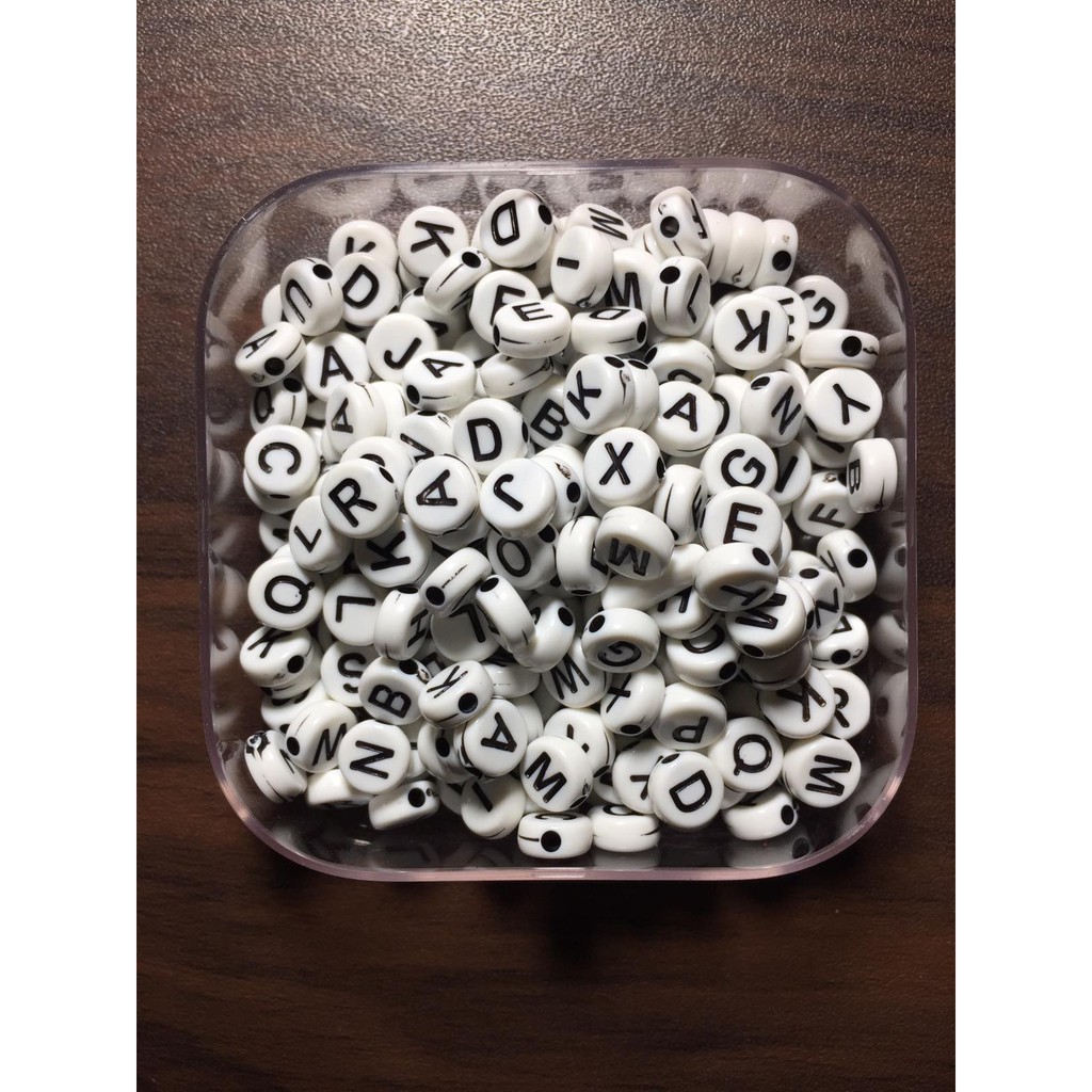 100 pcs 6mm DIY Bead White Round Black Letter Beads ( Random Letters ...