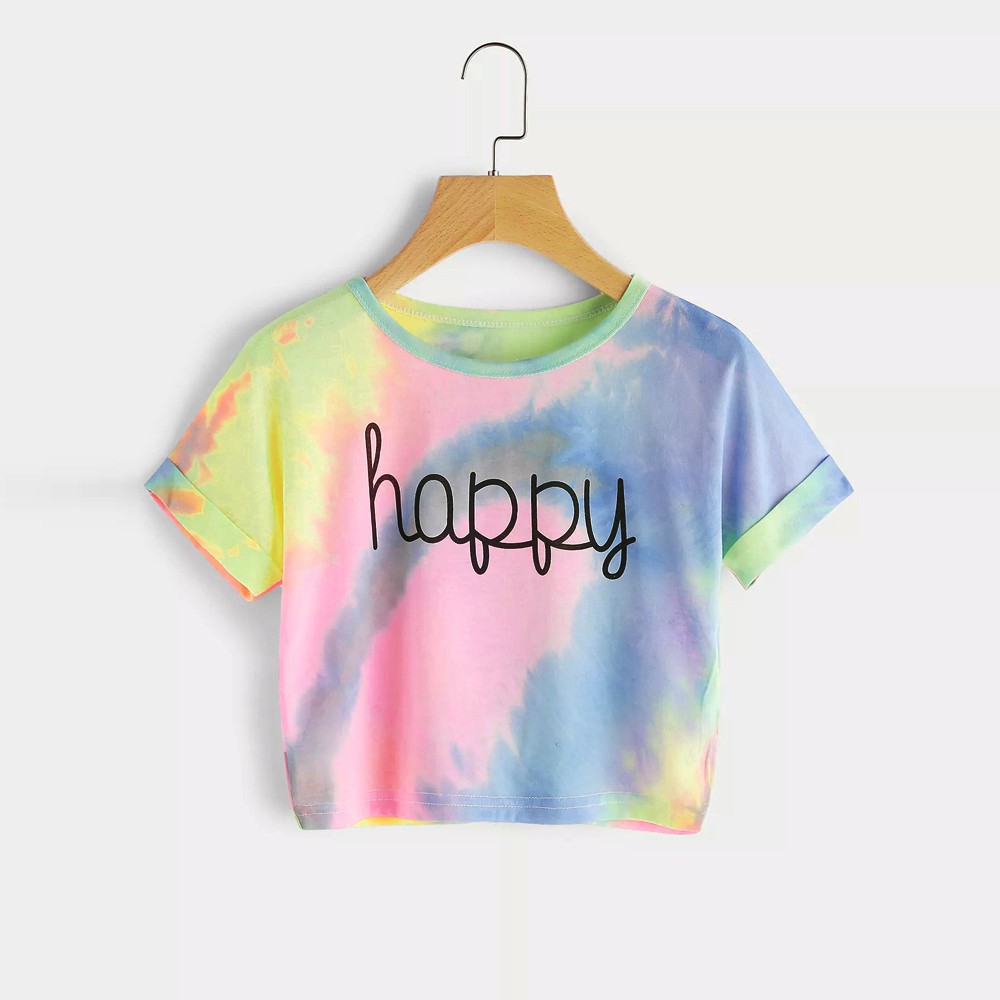 Women Gradient Letter Print Blouse Crop Tank Short Sleeve Tops Casual T Shirt Shopee Philippines
