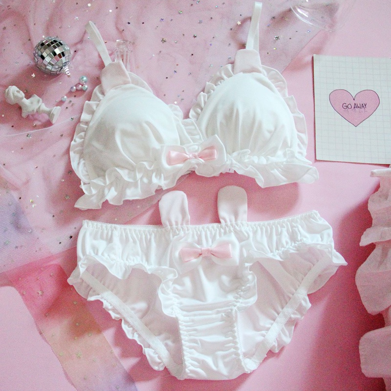 Japanese Lolita Kawaii Bow Ruffle White Underwear Set Sexy Female Cute ...