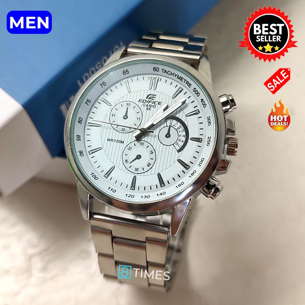 Casio Edifice Quartz TriChrono Tachymetre Silver White Dial Stainless