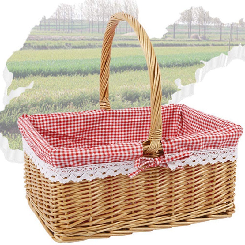 Picnic Basket Wicker Basket Shopping Basket Rectangle Red Liner Handle Gift Basket Bread Basket Vegetable Basket