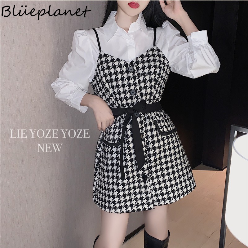 Autumn Korean Fashion 2pcs Sets Women Chic White Shirts Plaid Spaghetti Strap Dress Shopee Philippines