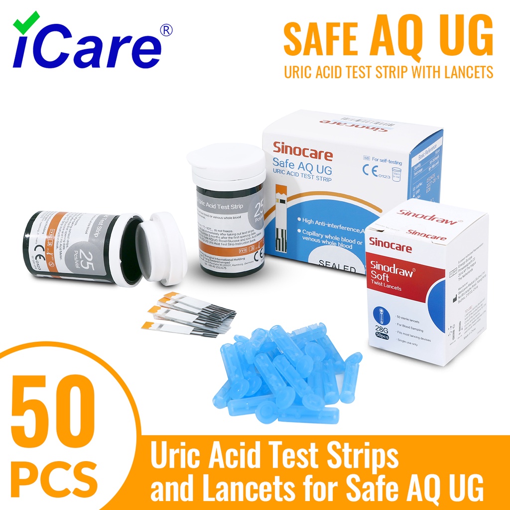 Sinocare Safe AQ UG Uric Acid T50 Uric Acid (50pcs) Test Strip + (50pcs ) Lancets, iCare