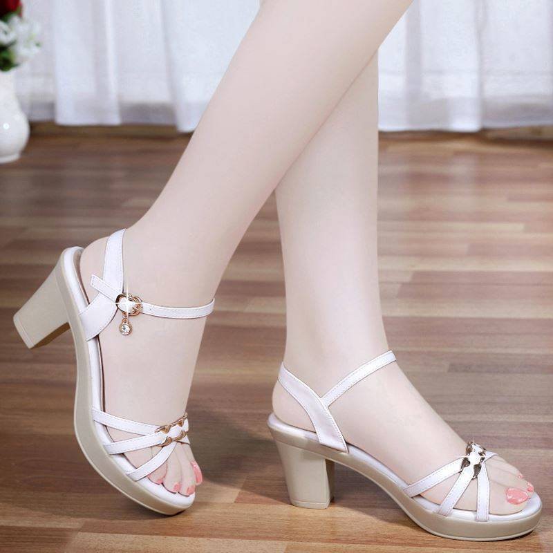 Toxz Women Sandals Womens Fashion Rome Round Toe Buckle Strap Sandals Thick Heel High Heels Shoes