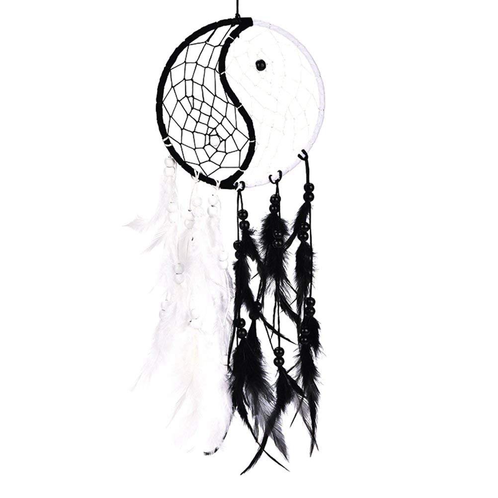 Handmade Yin Yang Dream Catcher Circular Net with Feathers Beads for Wall C 