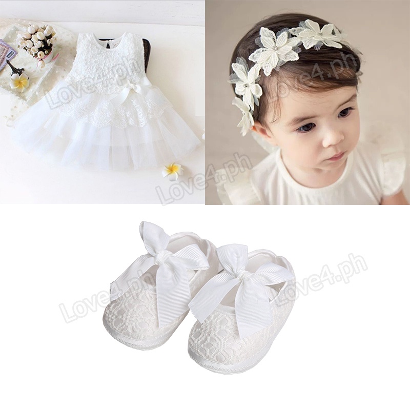 Pure White Christening Dress For Newborn Baby Girl Baptismal Terno Headband Shoes 3pcs Set 1 Year Birthday Outfits Shopee Philippines