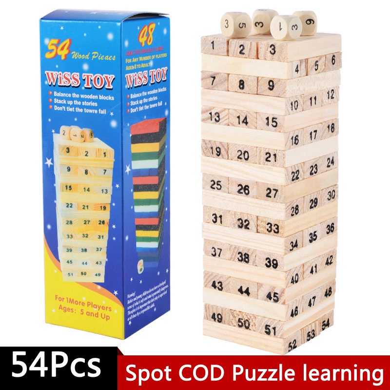 54Pcs Jenga Wooden Number Stacking Block Jenga Tower Toy Wooden Blocks
