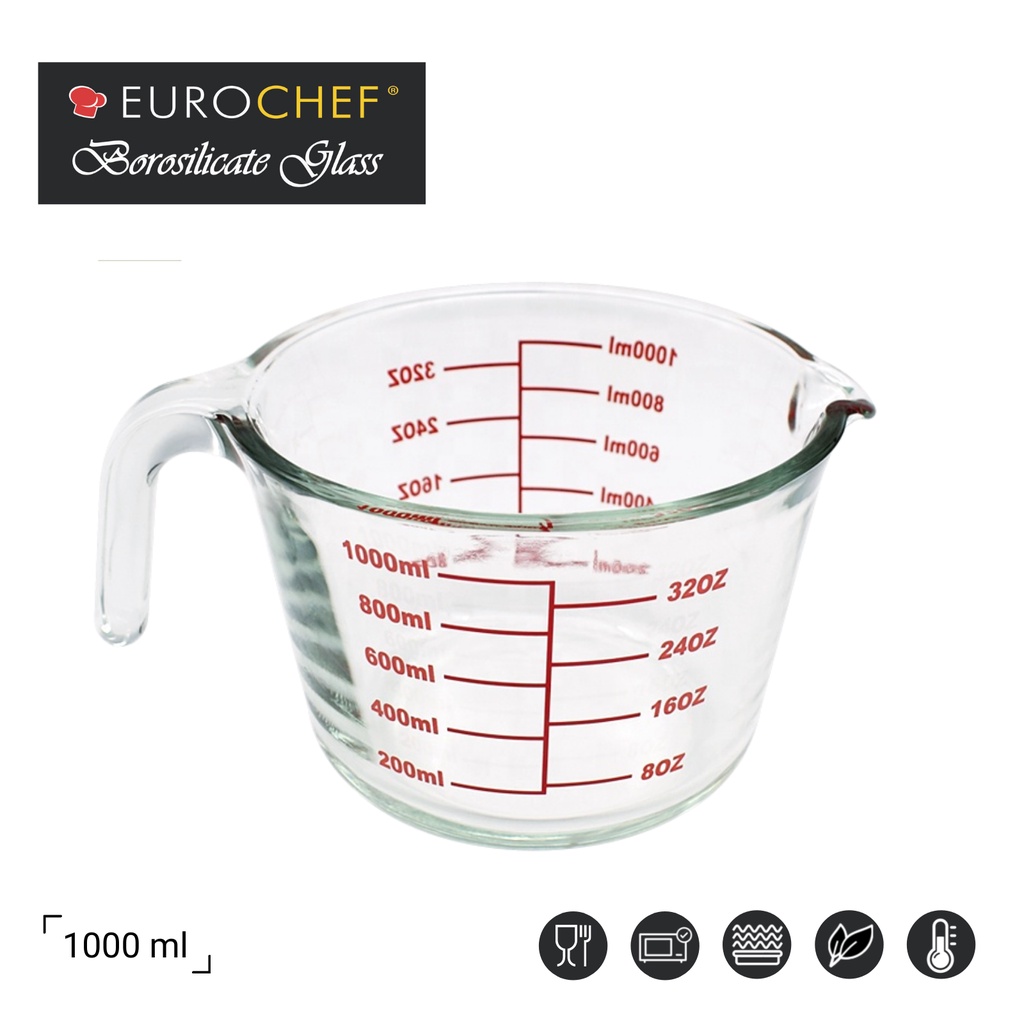 Eurochef 1000mL/ 4Cups Borosilicate Glass Measuring Cup 9100 with