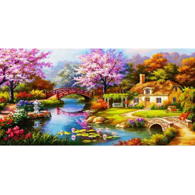 FULL BEADS 40x80 cm Japanese lake garden cherry blossoms sakura adult