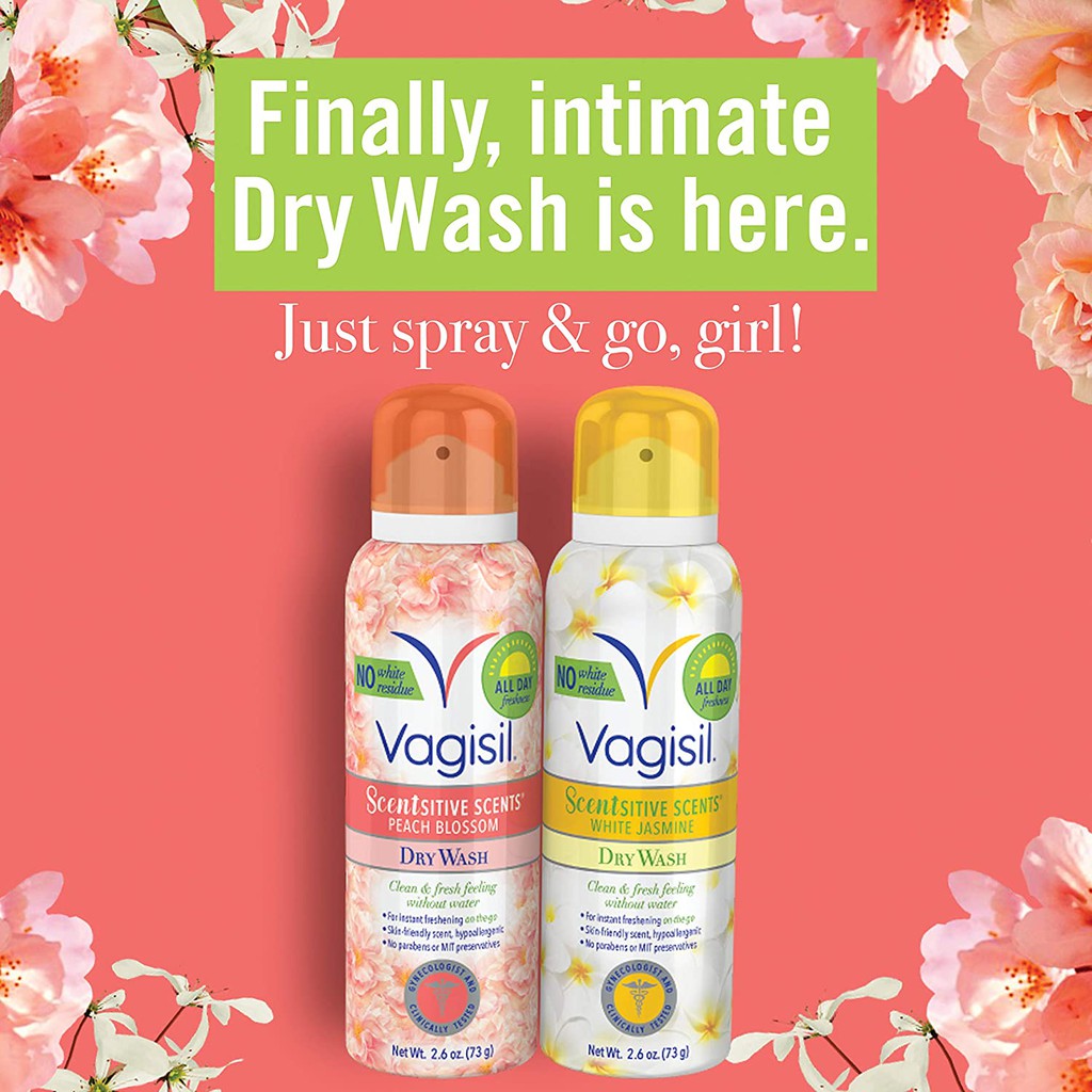 Vagisil Scentsitive Scents Feminine Dry Wash Spray 2.6 Oz Peach Blossom / White Jasmine