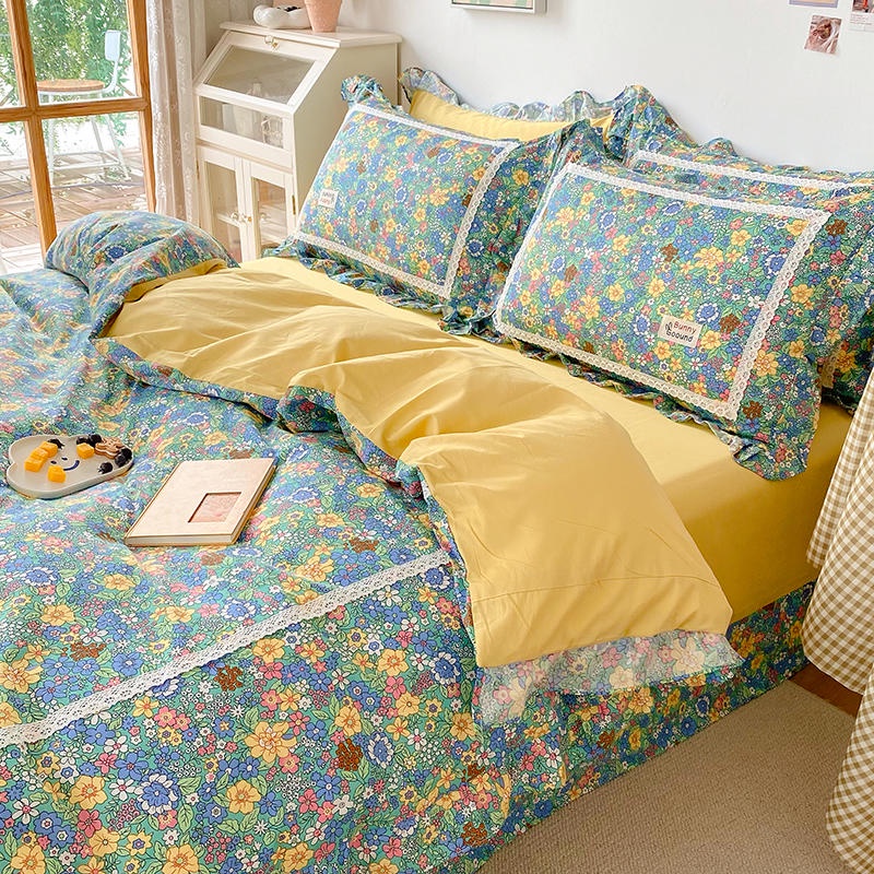 4 IN 1 100 Cotton Bedding Set with Lace Single Queen King Size Floral