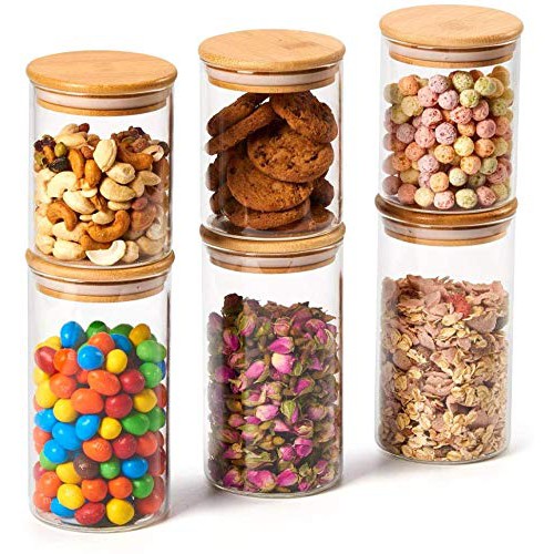 Bamboo Airtight Sealed Round Glass Jar Food Storage Container Candy