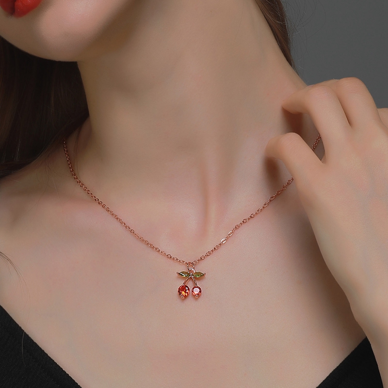 Necklace Pendant Sweet Cherry Shaped Pendant Necklace Handmade Beaded Gold Alloy Clavicle Chain Fashion Zircon Ladies Dating Necklace