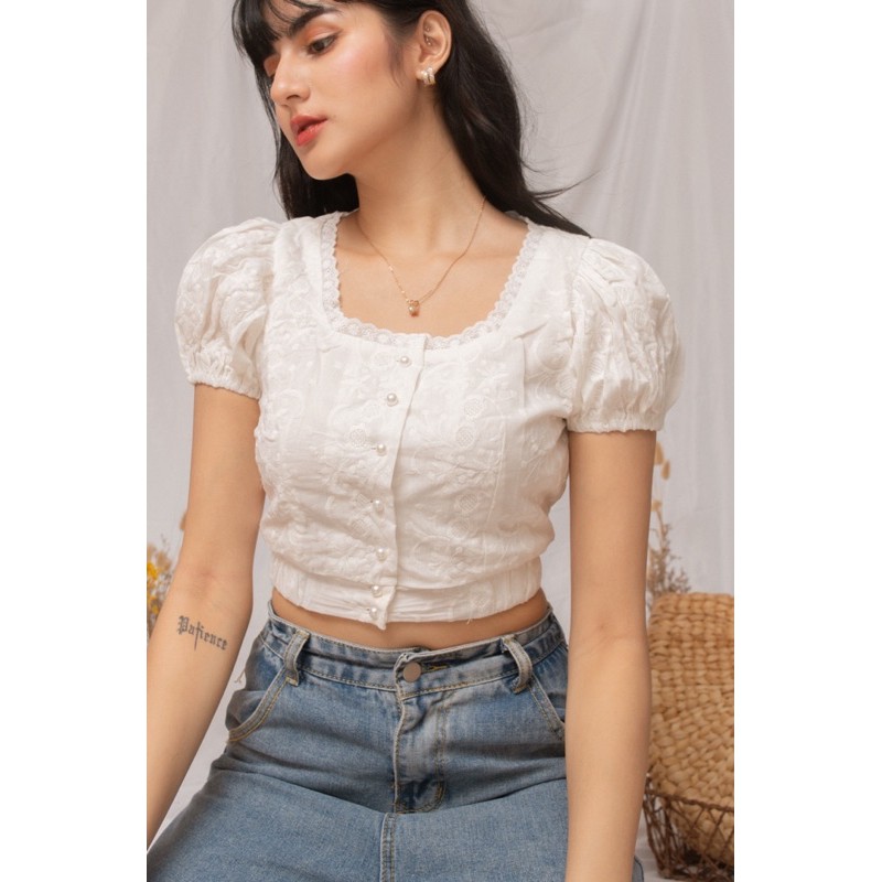 Abi White Lace Puff Sleeves Crop Top | Shopee Philippines
