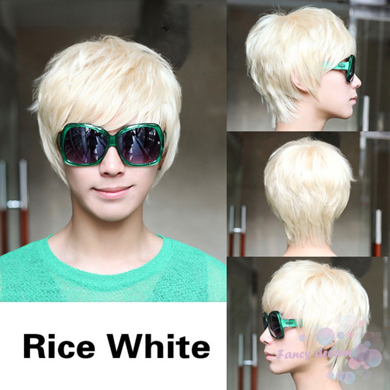 ღfd Men Women Short Straight Wig Platinum Blonde Rice White Full