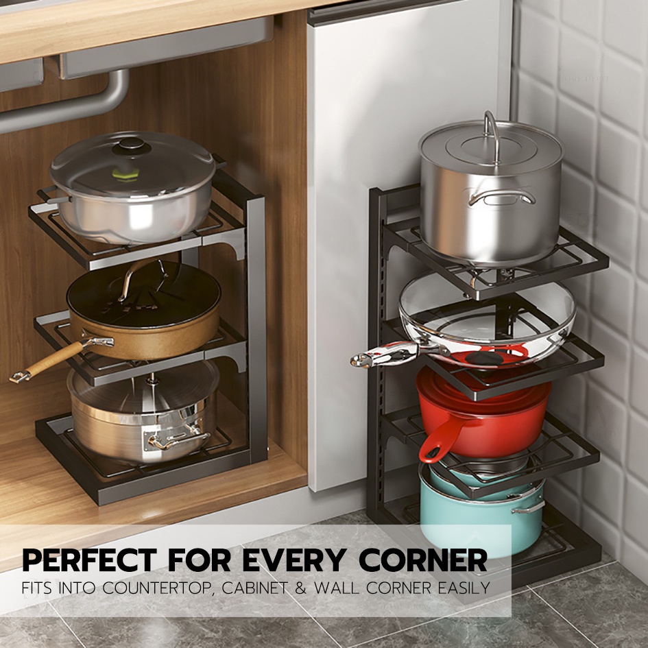 Kitchen Pan Organizer Pot Rack Adjustable Under Sink Countertop