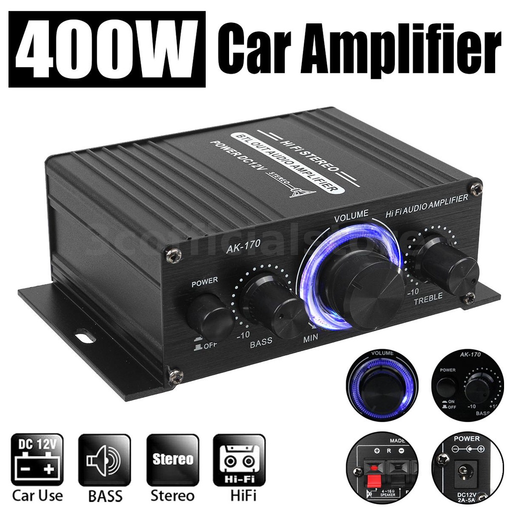 400W 2 Channels Mini Car Amplifier LED lights Knob HiFi Stereo Audio
