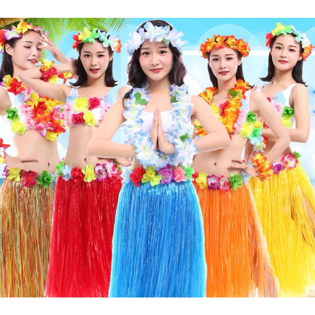 Adult Hawaiian Hula Dance Grass Skirt Lei Headband Wristband Fancy Dress 